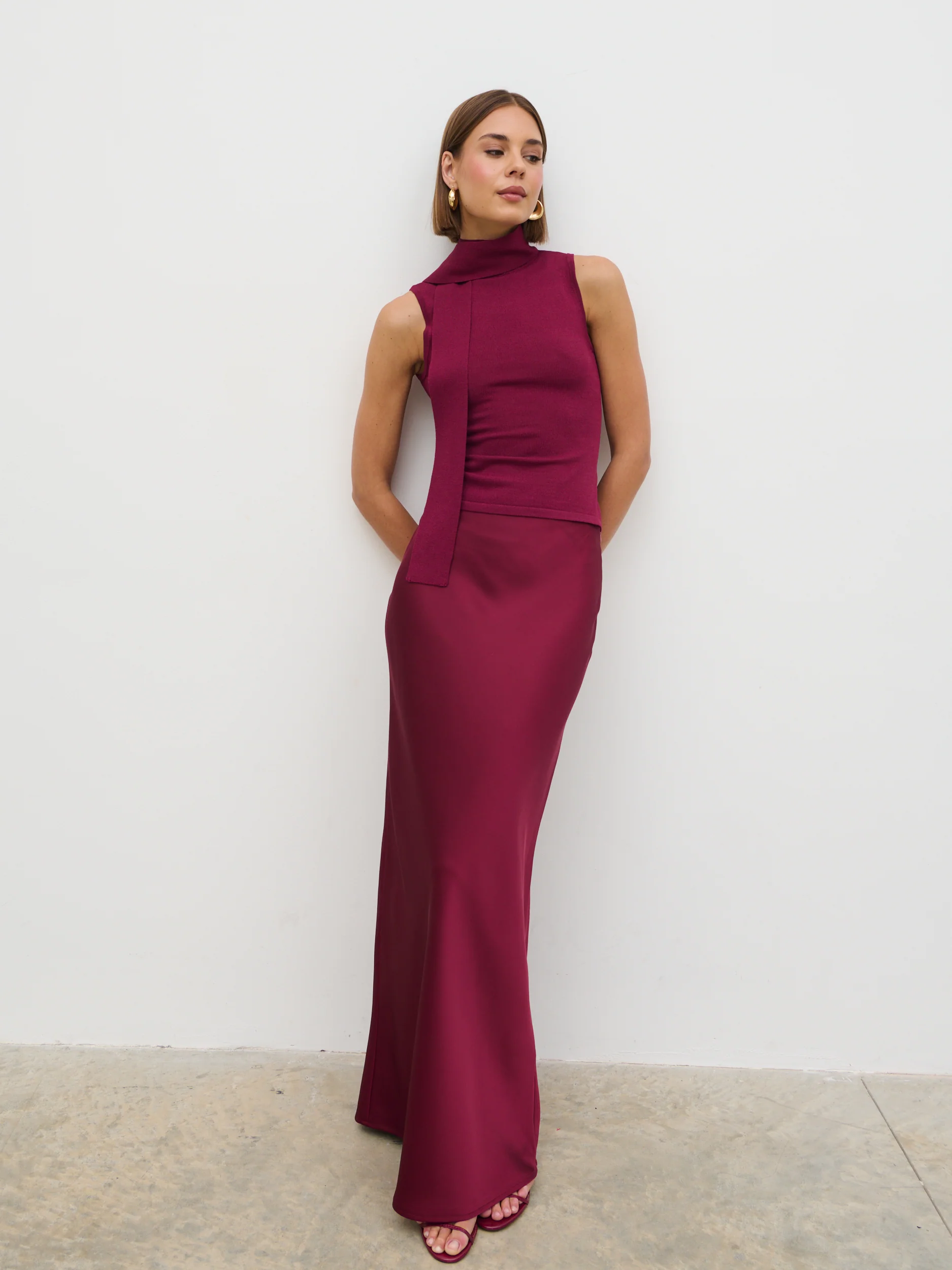 Melanie High Neck Knit Top with Neck Tie - Wine - Image 6