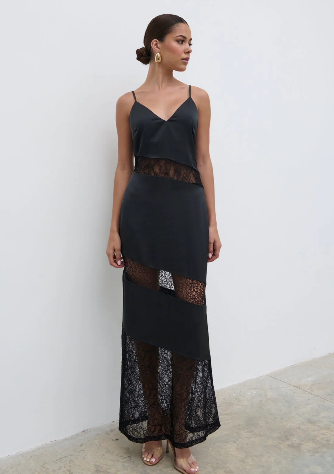 Monique Lace Inserted Slip Dress - Black
