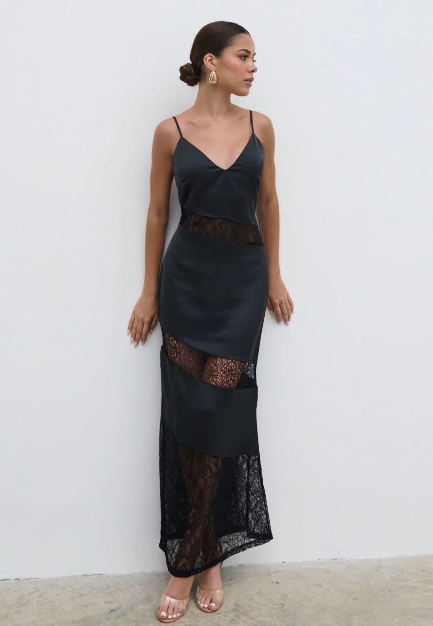 Monique Lace Inserted Slip Dress - Black - Image 6