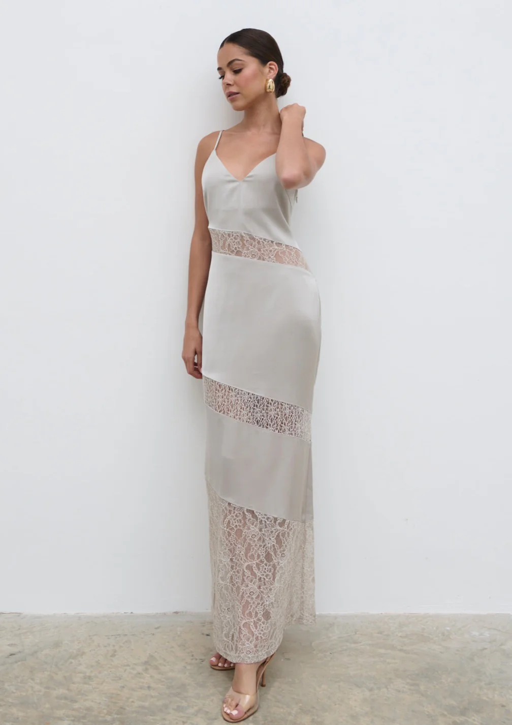 Monique Lace Inserted Slip Dress - Stone