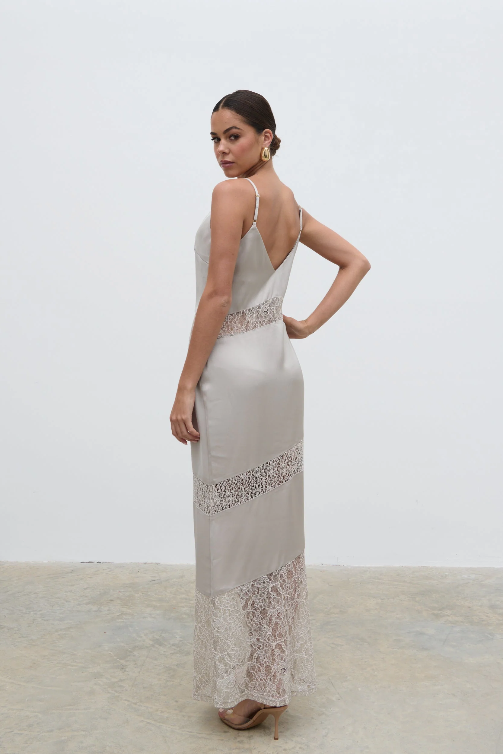 Monique Lace Inserted Slip Dress - Stone - Image 3