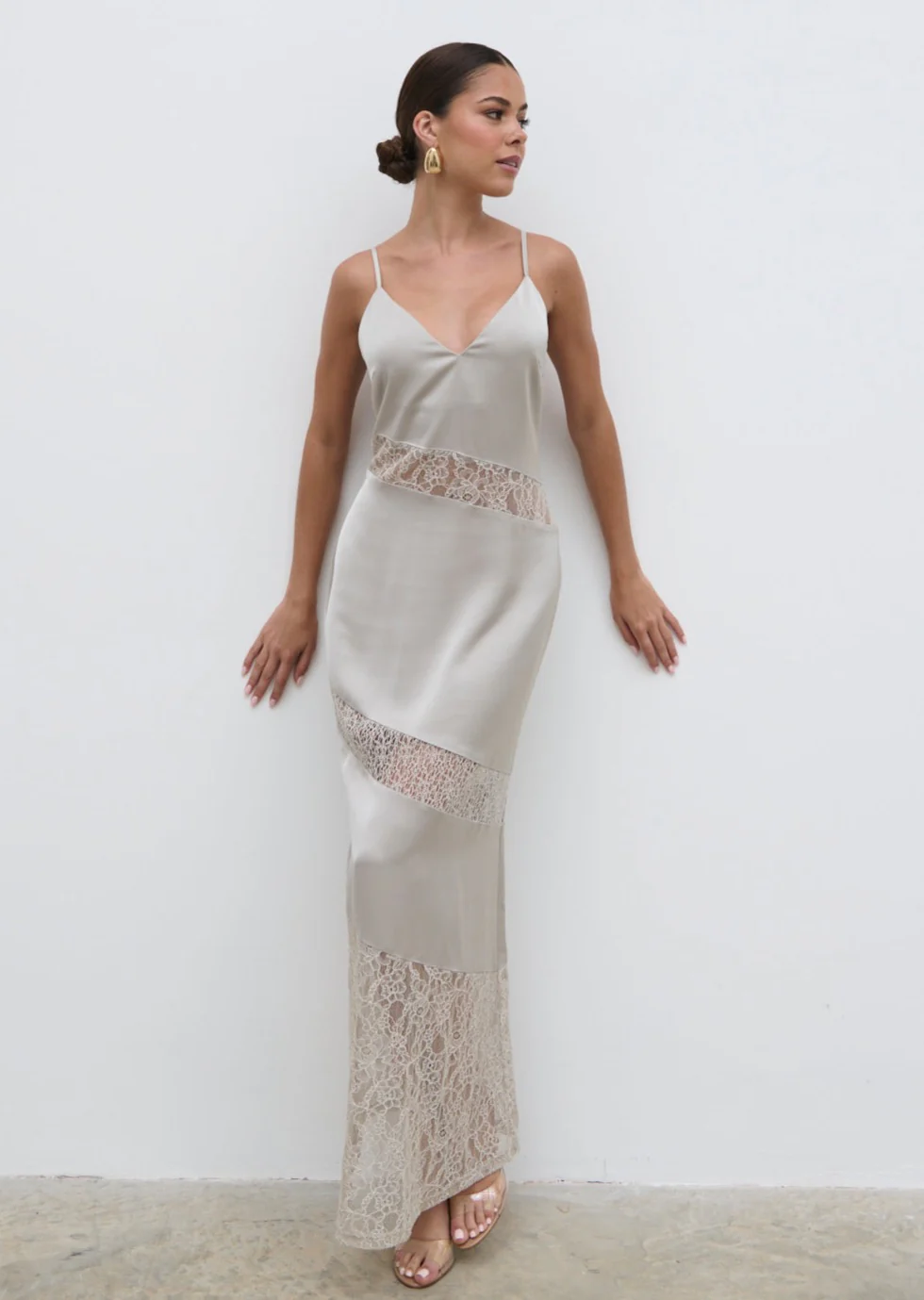 Monique Lace Inserted Slip Dress - Stone - Image 6
