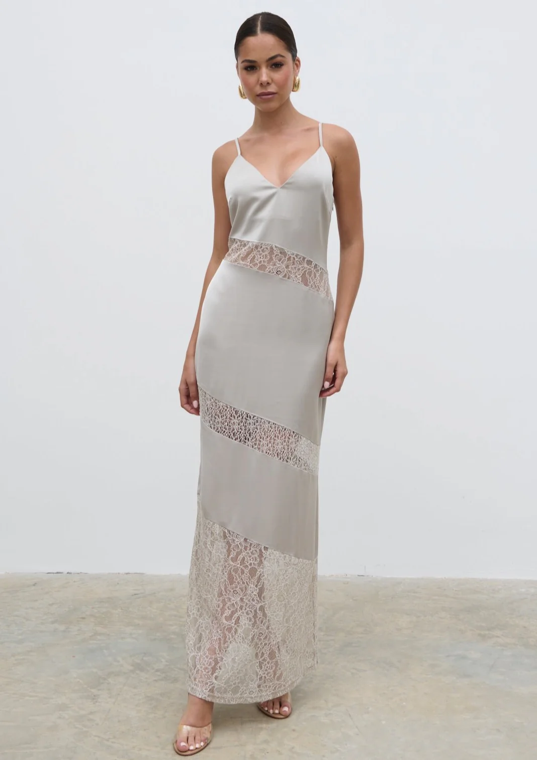 Monique Lace Inserted Slip Dress - Stone - Image 8