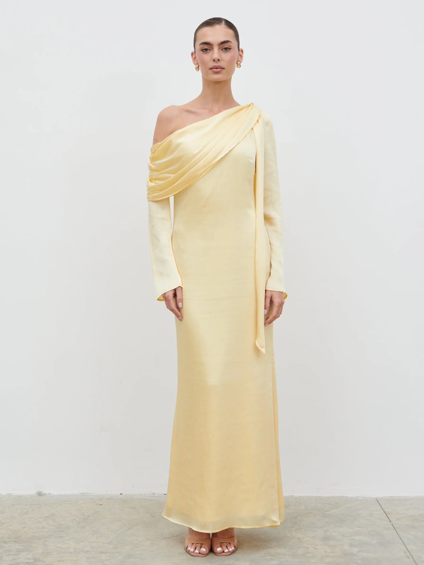 Neomie One Shoulder Tie Chiffon Maxi Dress - Lemon