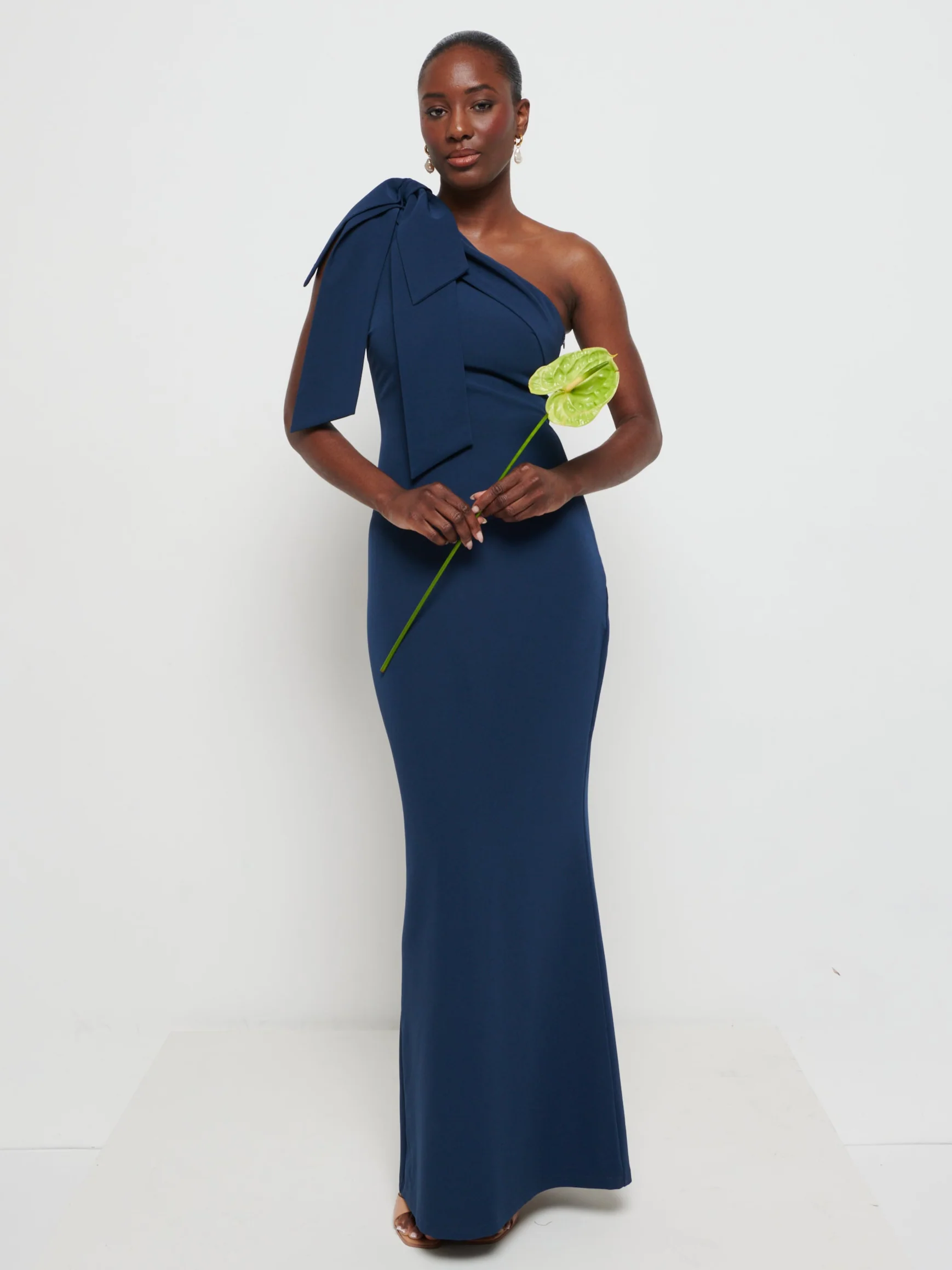Nevaeh One Shoulder Crepe Maxi Bridesmaid Dress - Navy