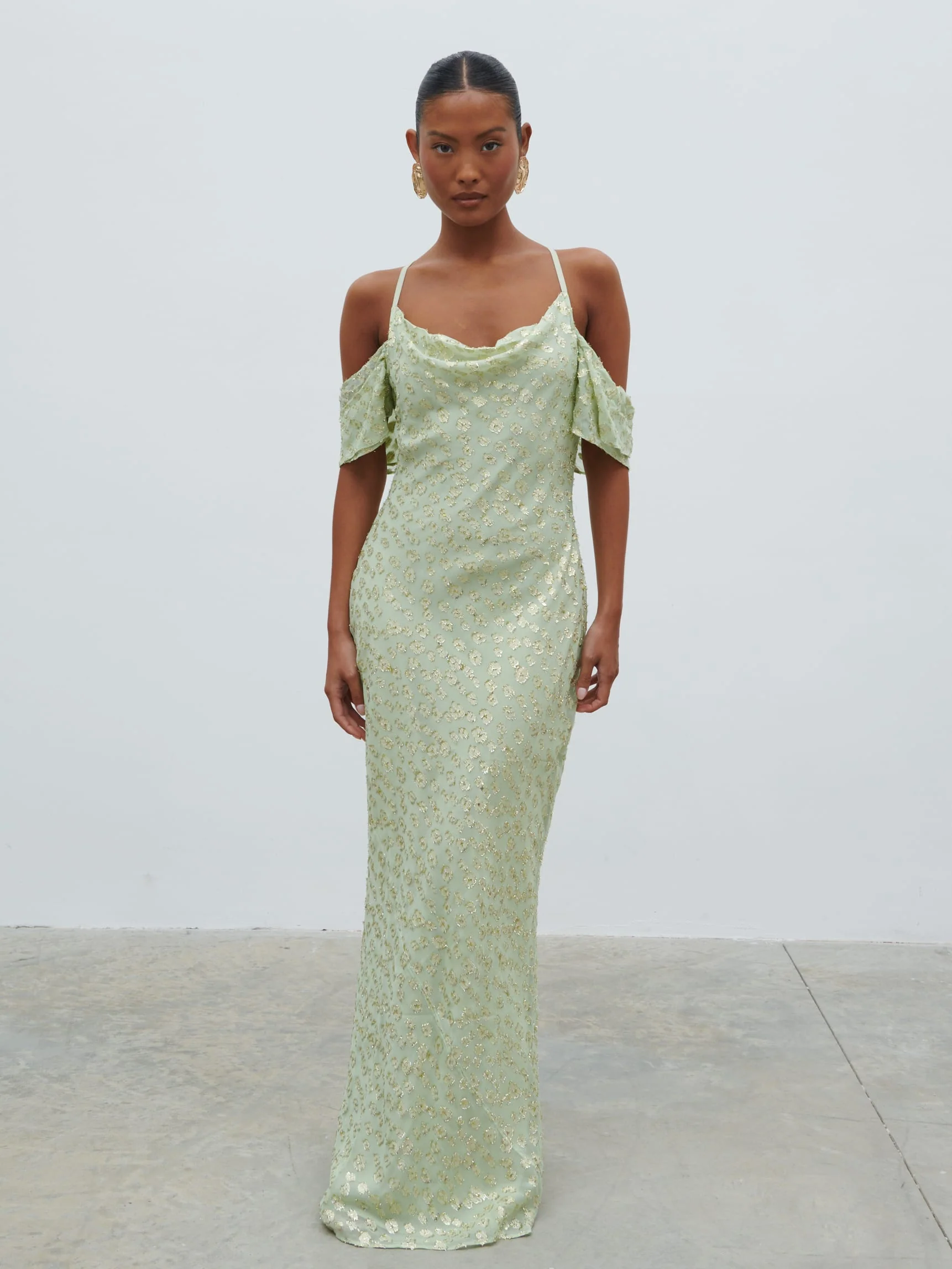 Nia Draped Cold Shoulder Maxi Dress - Pistachio Metallic