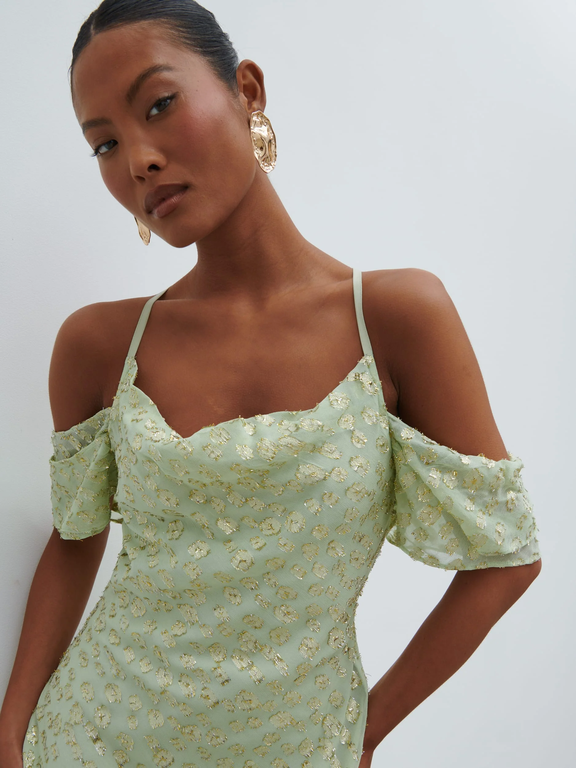 Nia Draped Cold Shoulder Maxi Dress - Pistachio Metallic - Image 2
