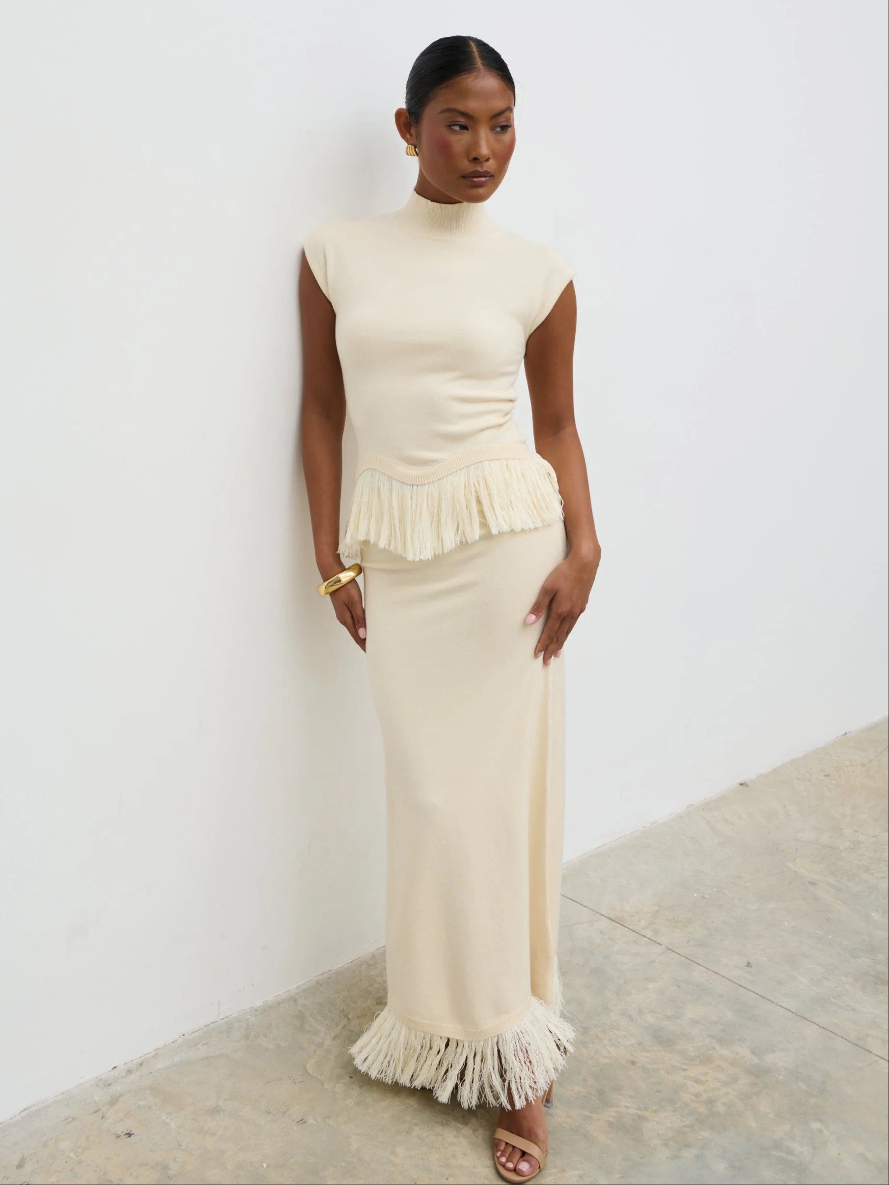 Orlendina Fringe Knit Midaxi Skirt - Cream - Image 3