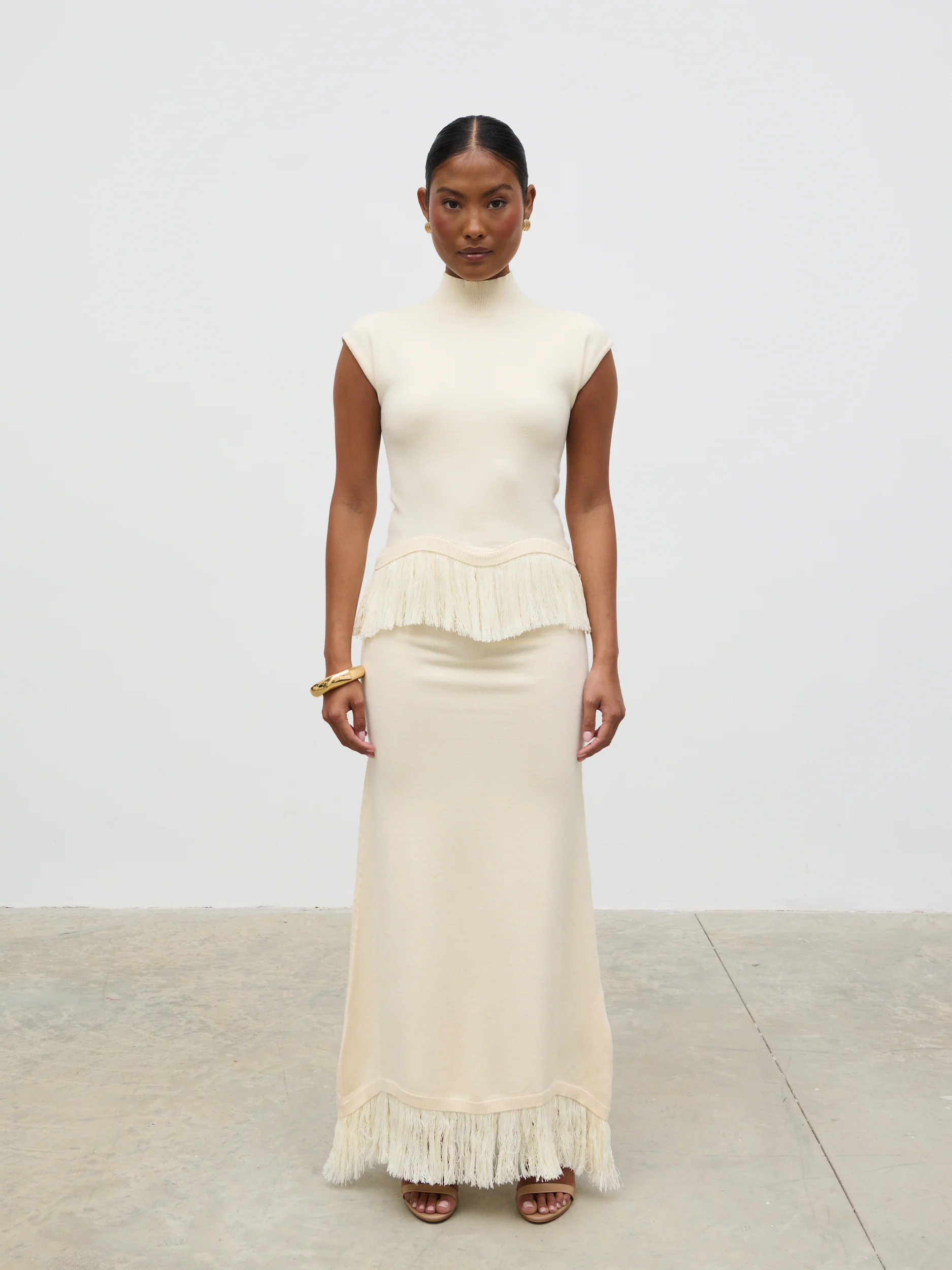 Orlendina Fringe Knit Midaxi Skirt - Cream - Image 4