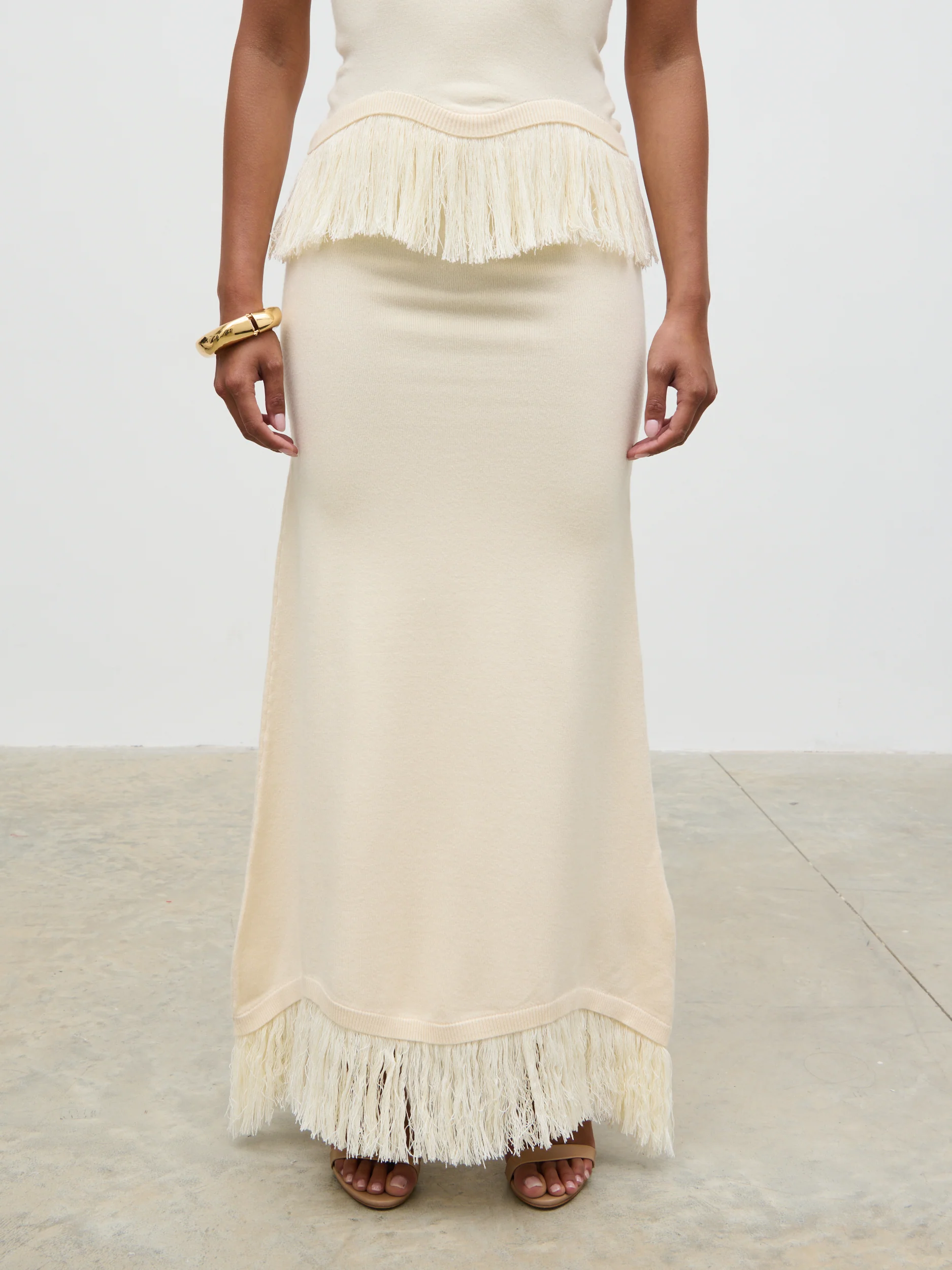 Orlendina Fringe Knit Midaxi Skirt - Cream - Image 6