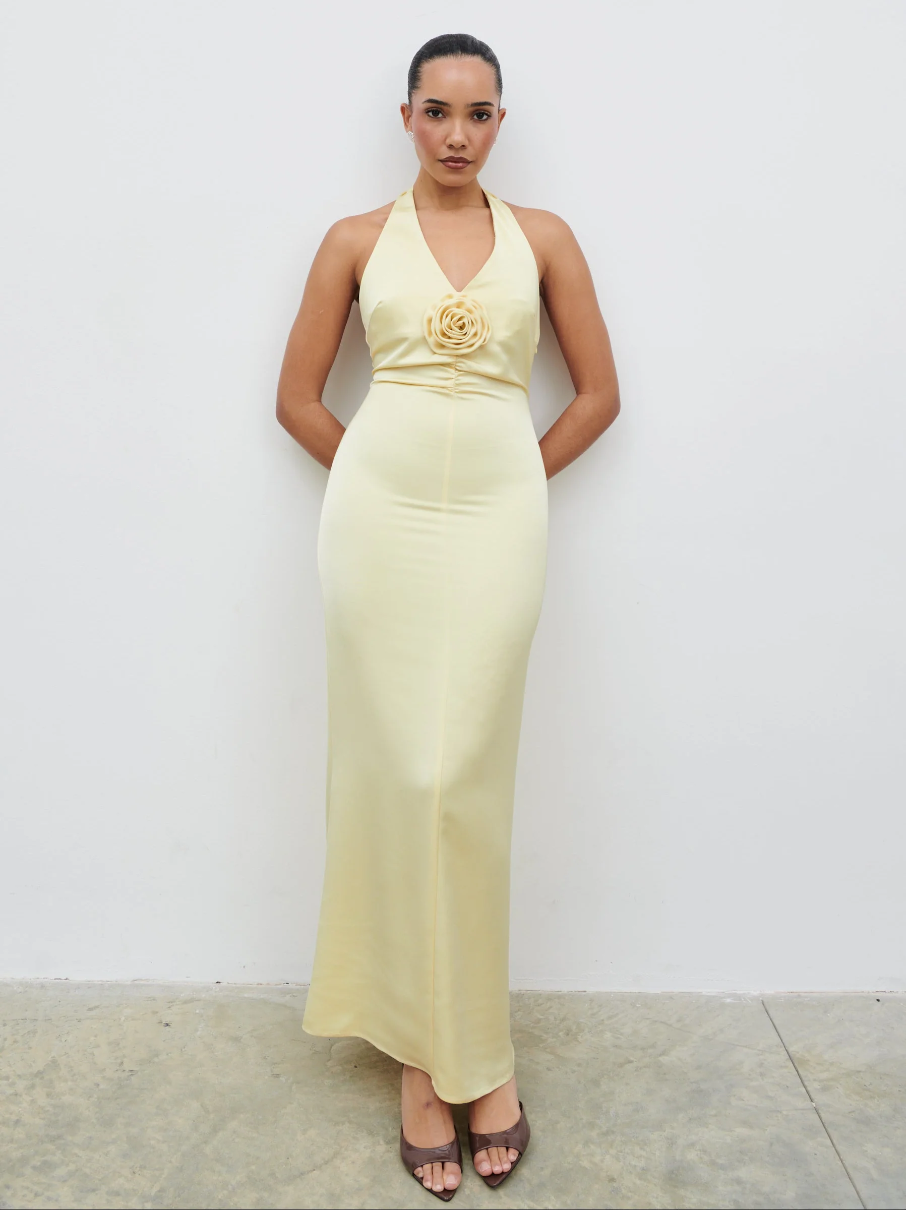 Reya Satin Corsage Maxi Dress - Lemon