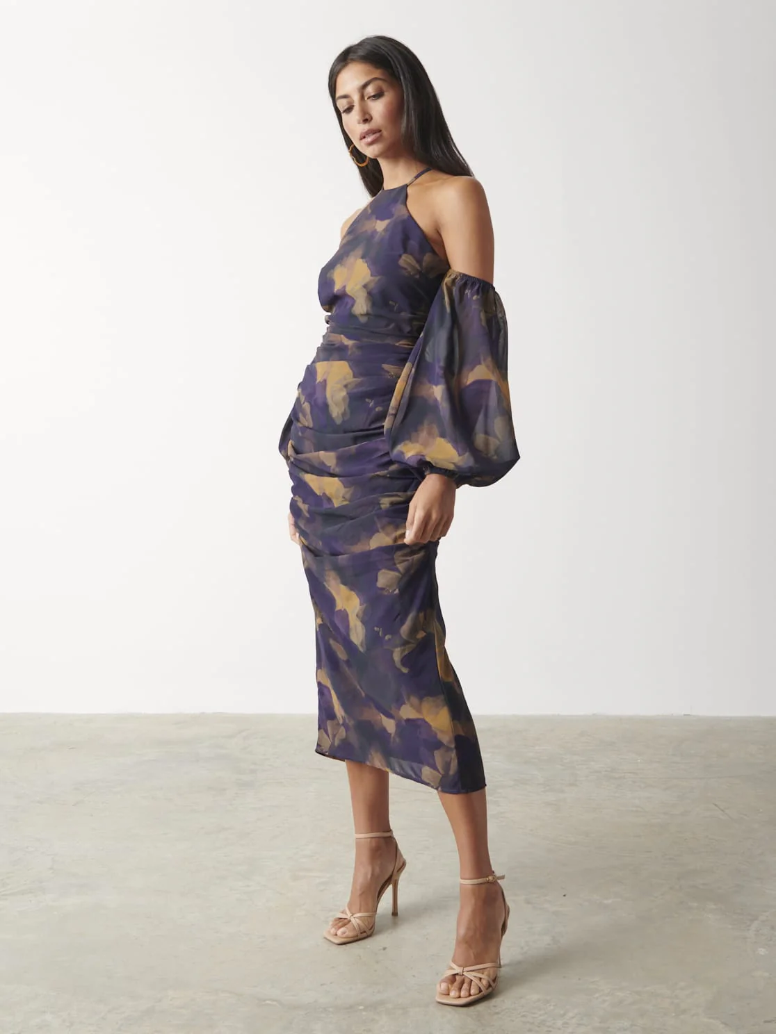 Roma Ruched Midaxi Dress - Dark Amethyst & Saffron Floral - Image 4