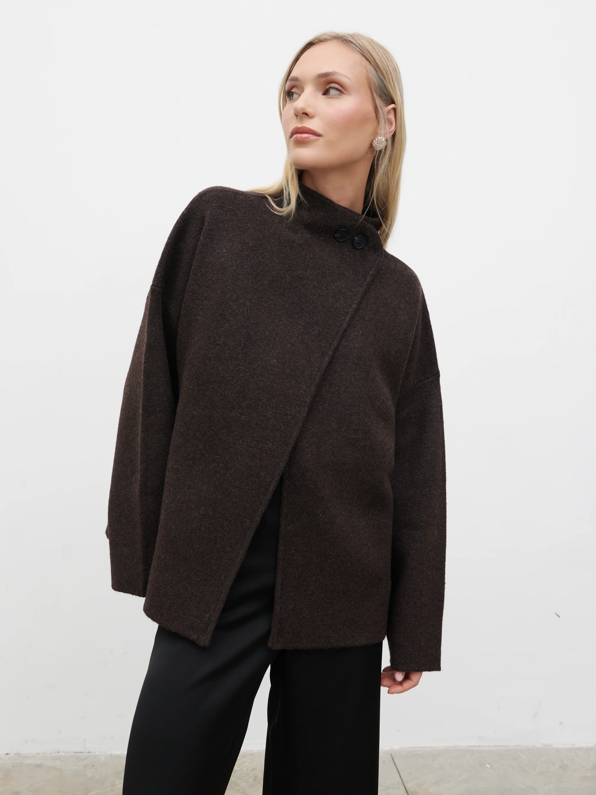 Sarlina Crossover Knit Cardigan With Button Neck - Chocolate Brown