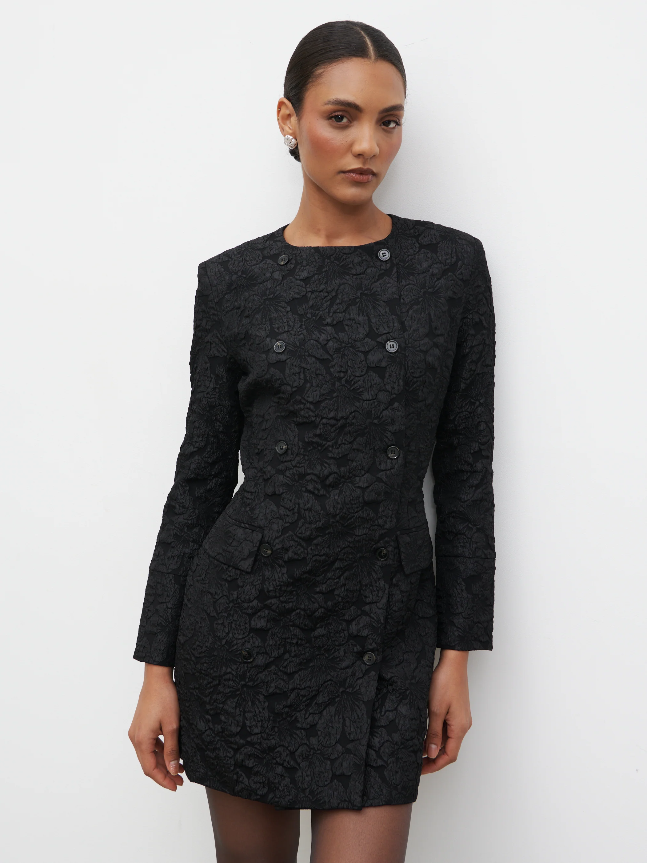 Serel Cinched Blazer Mini Dress - Black Jacquard