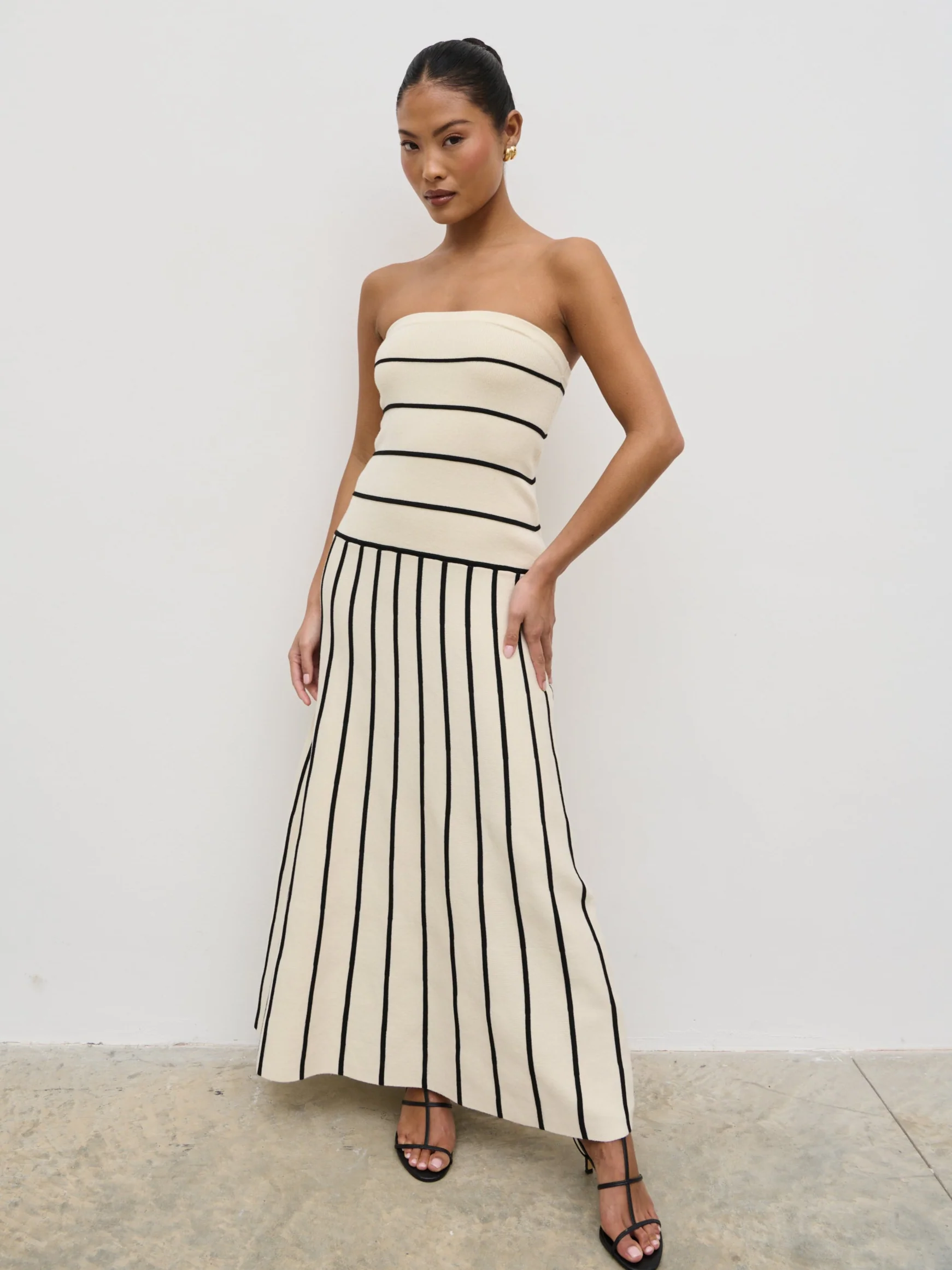 Serena Bandeau Contrast Stripe Knit Midaxi Dress - Cream and Black - Image 3