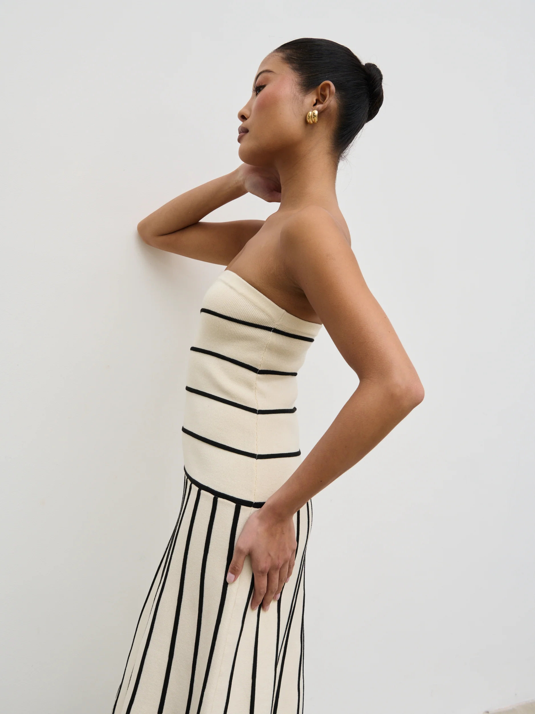 Serena Bandeau Contrast Stripe Knit Midaxi Dress - Cream and Black - Image 4