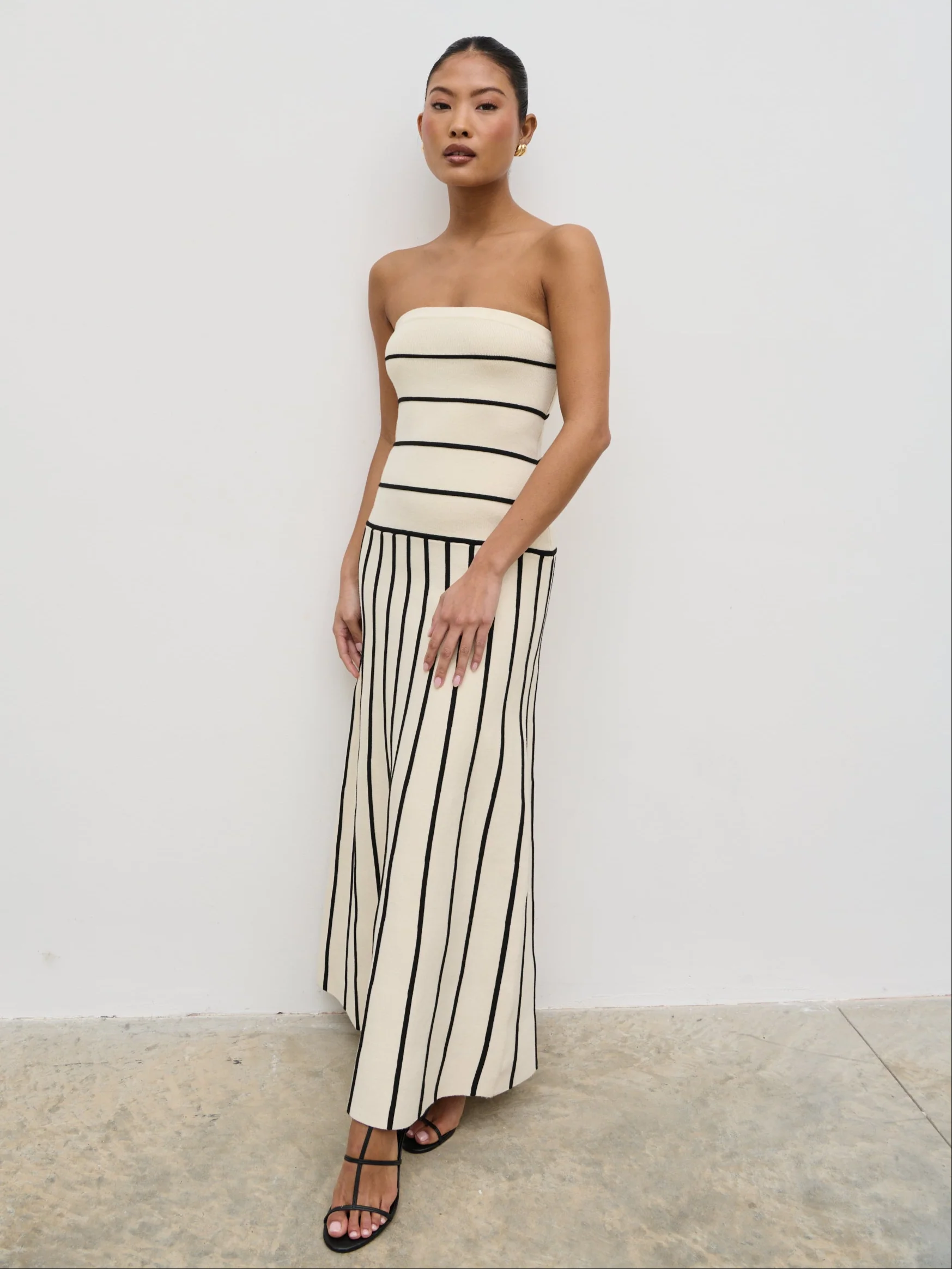 Serena Bandeau Contrast Stripe Knit Midaxi Dress - Cream and Black - Image 5
