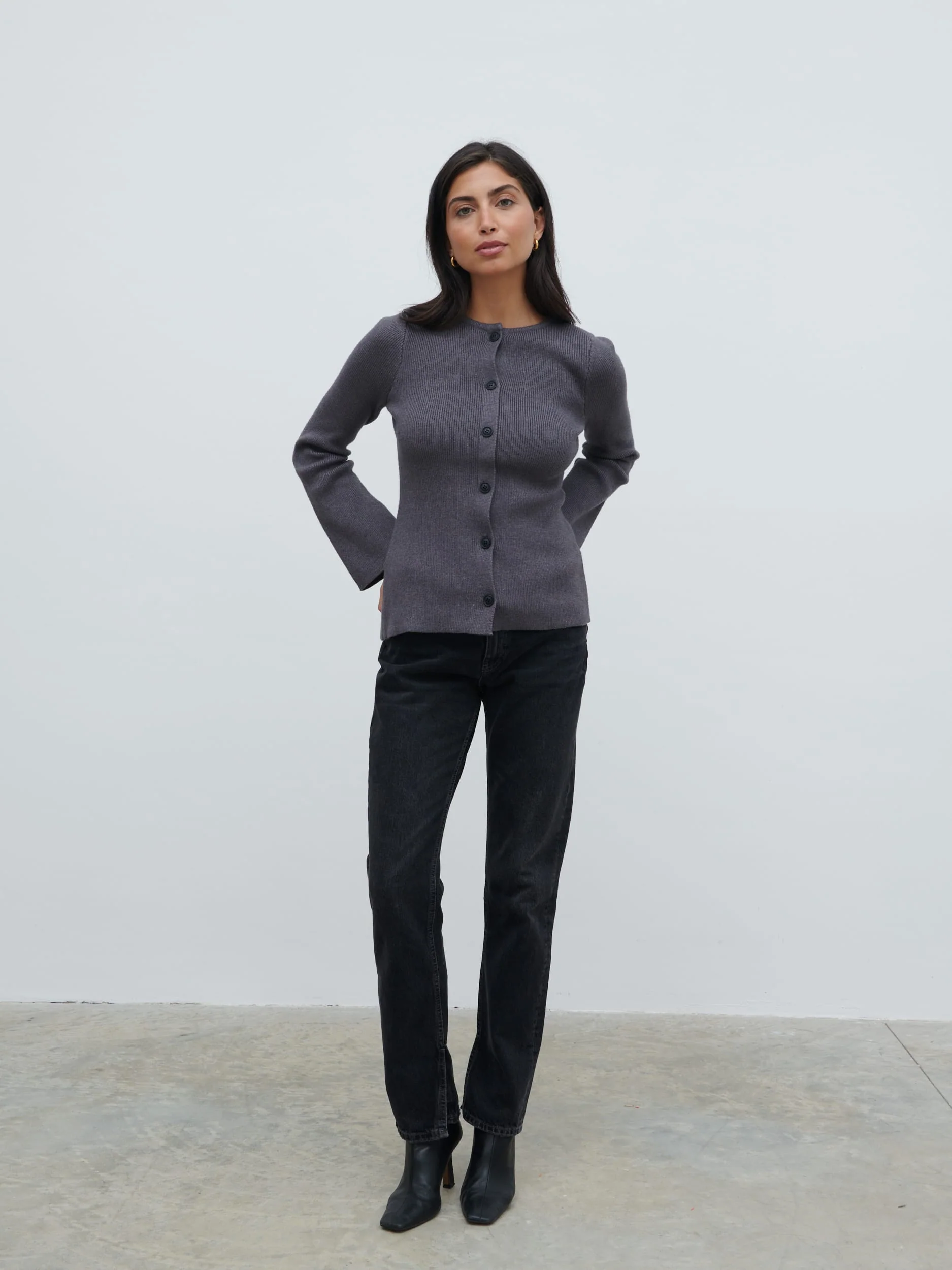 Shyla Fitted Knit Cardigan - Charcoal - Image 2
