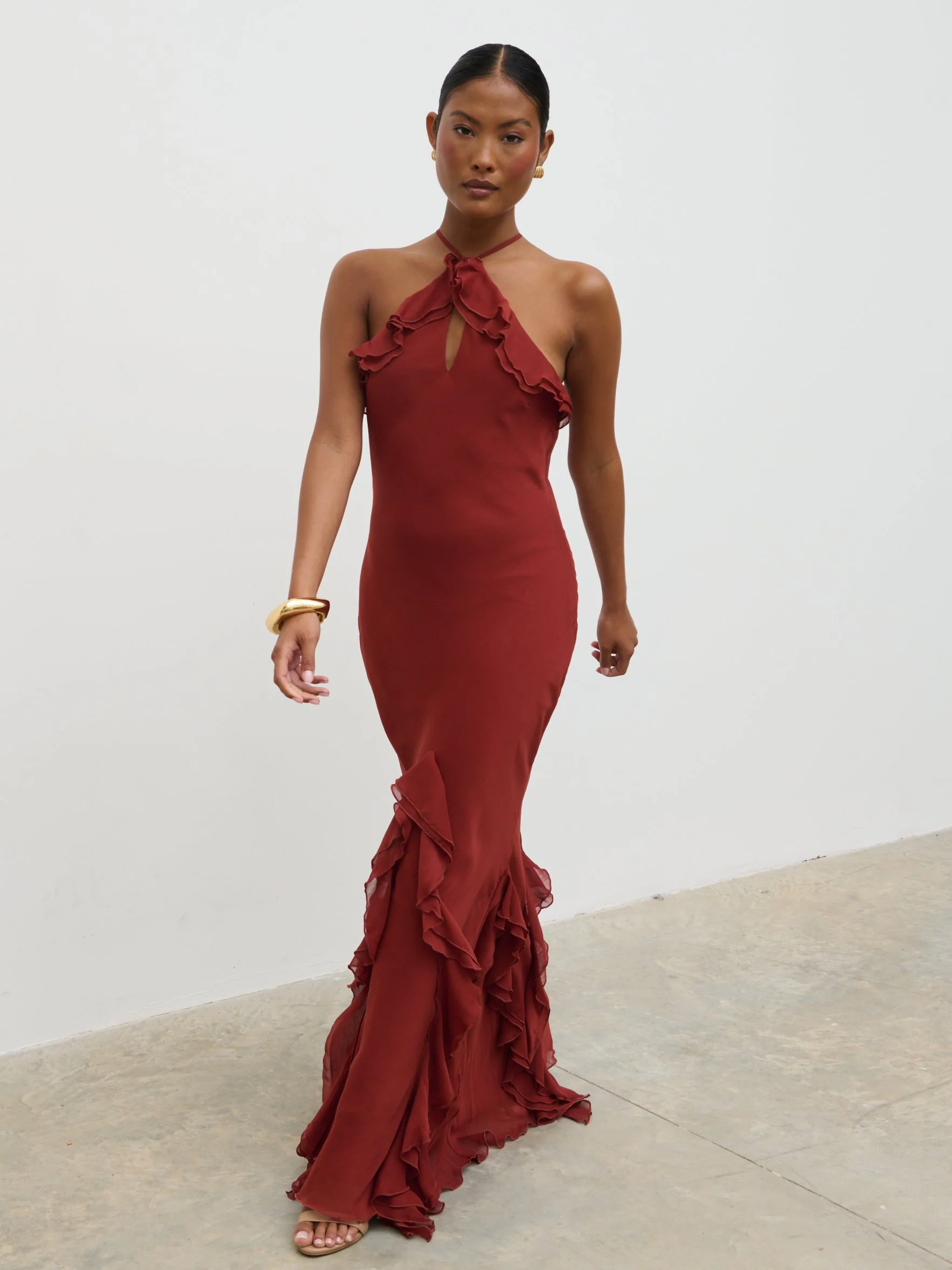 Sofia Halter Neck Ruffle Maxi Dress - Rust