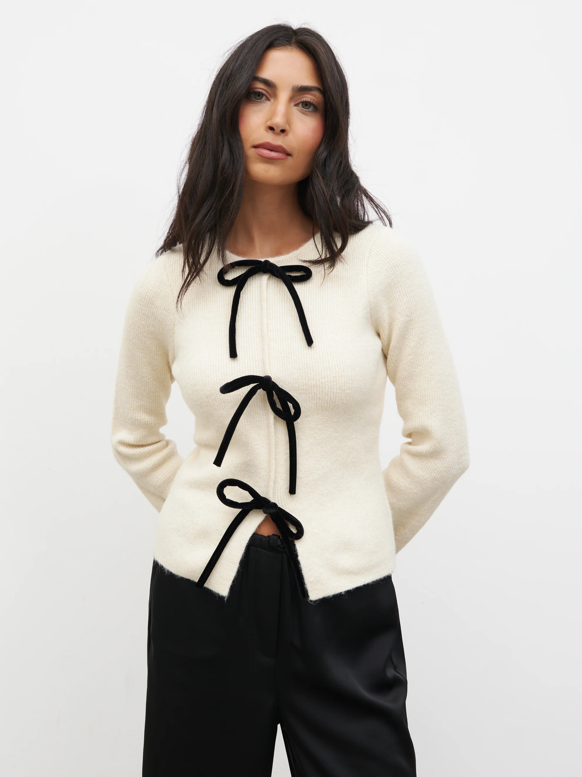 Sophia Bow Tie Front Knit Top - Cream and Black