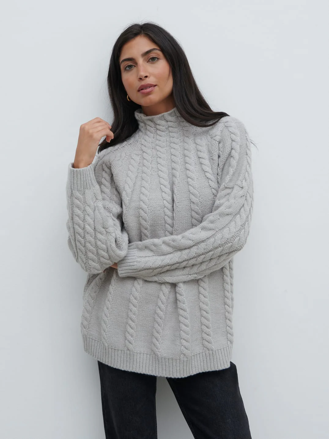 Tam Cable Knit High Neck Jumper - Grey