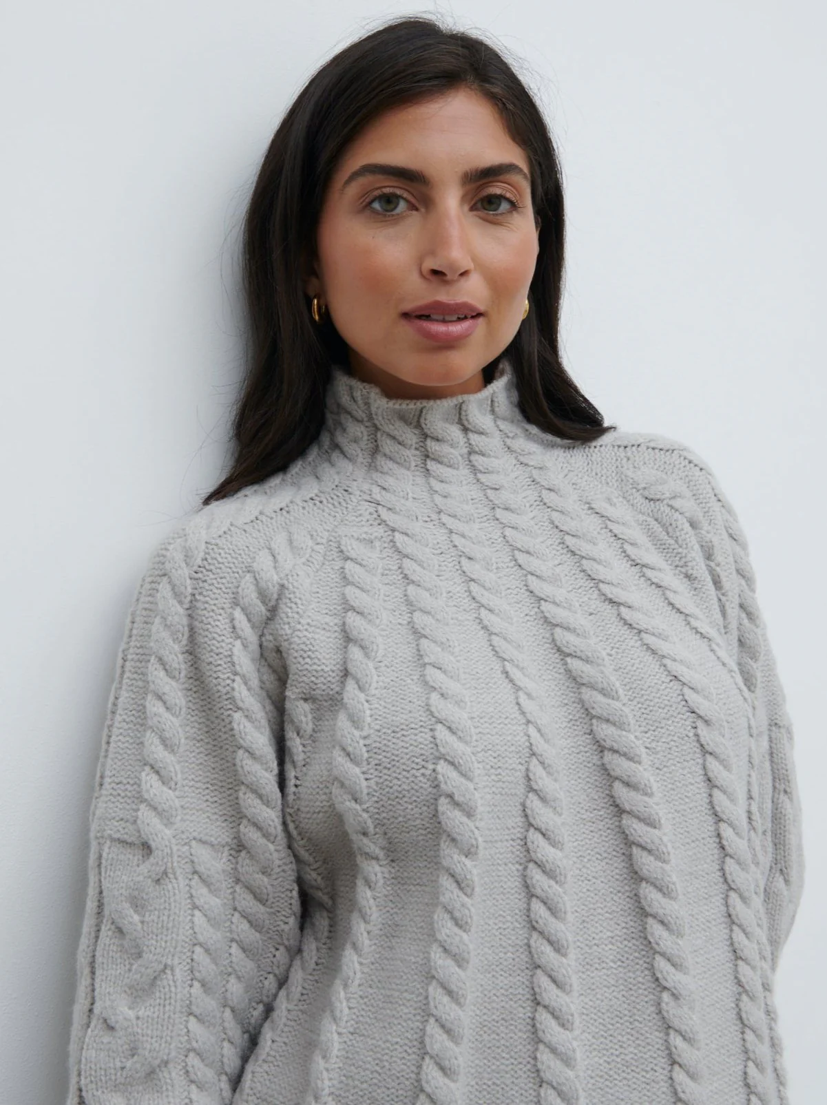 Tam Cable Knit High Neck Jumper - Grey - Image 2