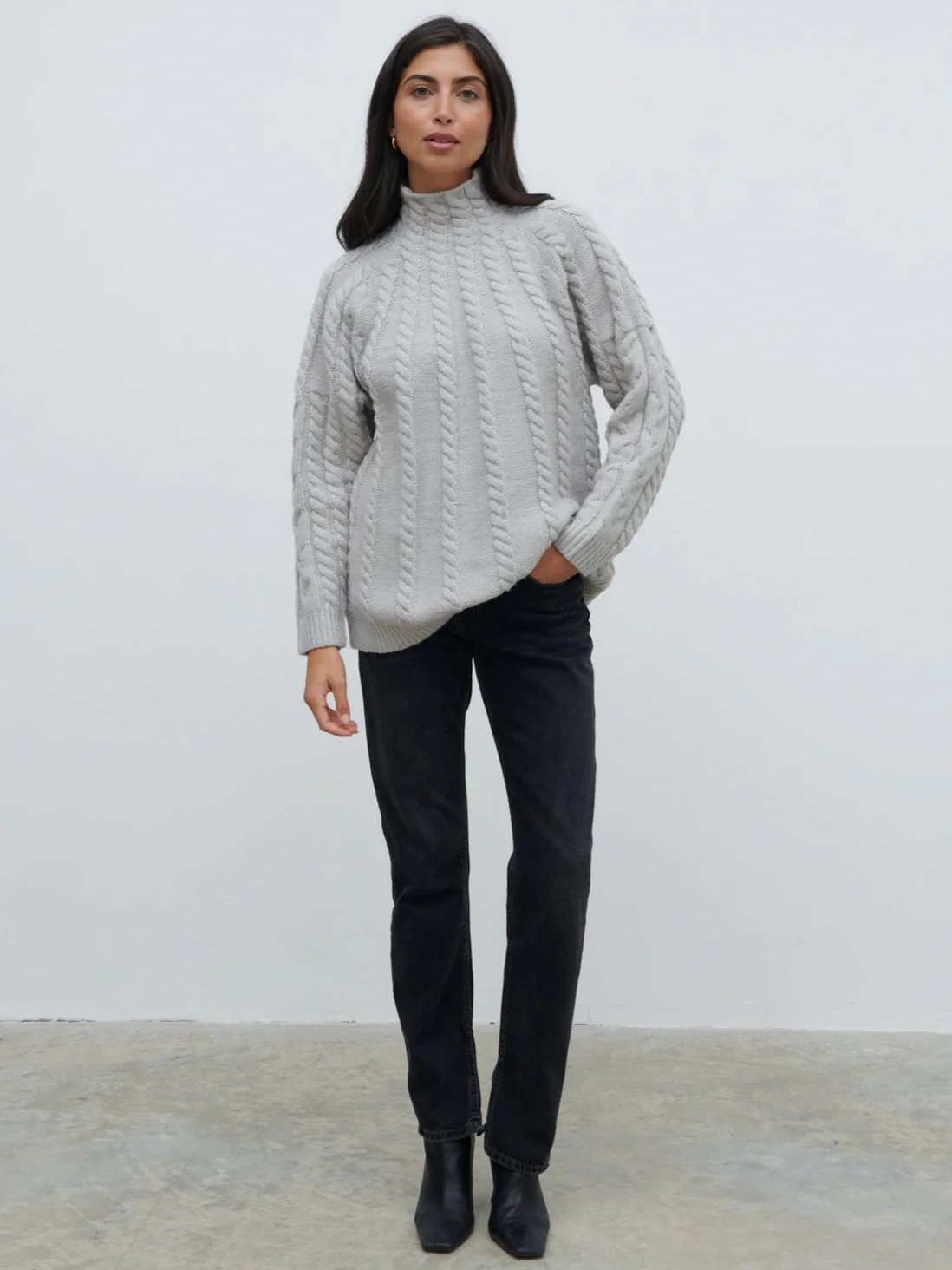 Tam Cable Knit High Neck Jumper - Grey - Image 3
