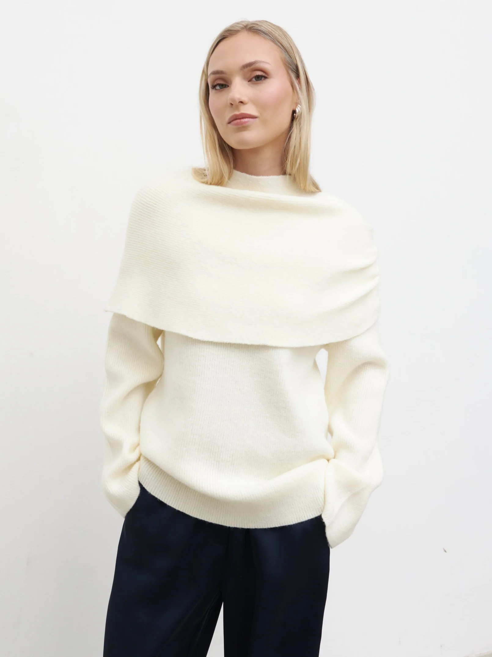 Tarla Exaggerated Drape Knit Jumper - Cream - Image 2