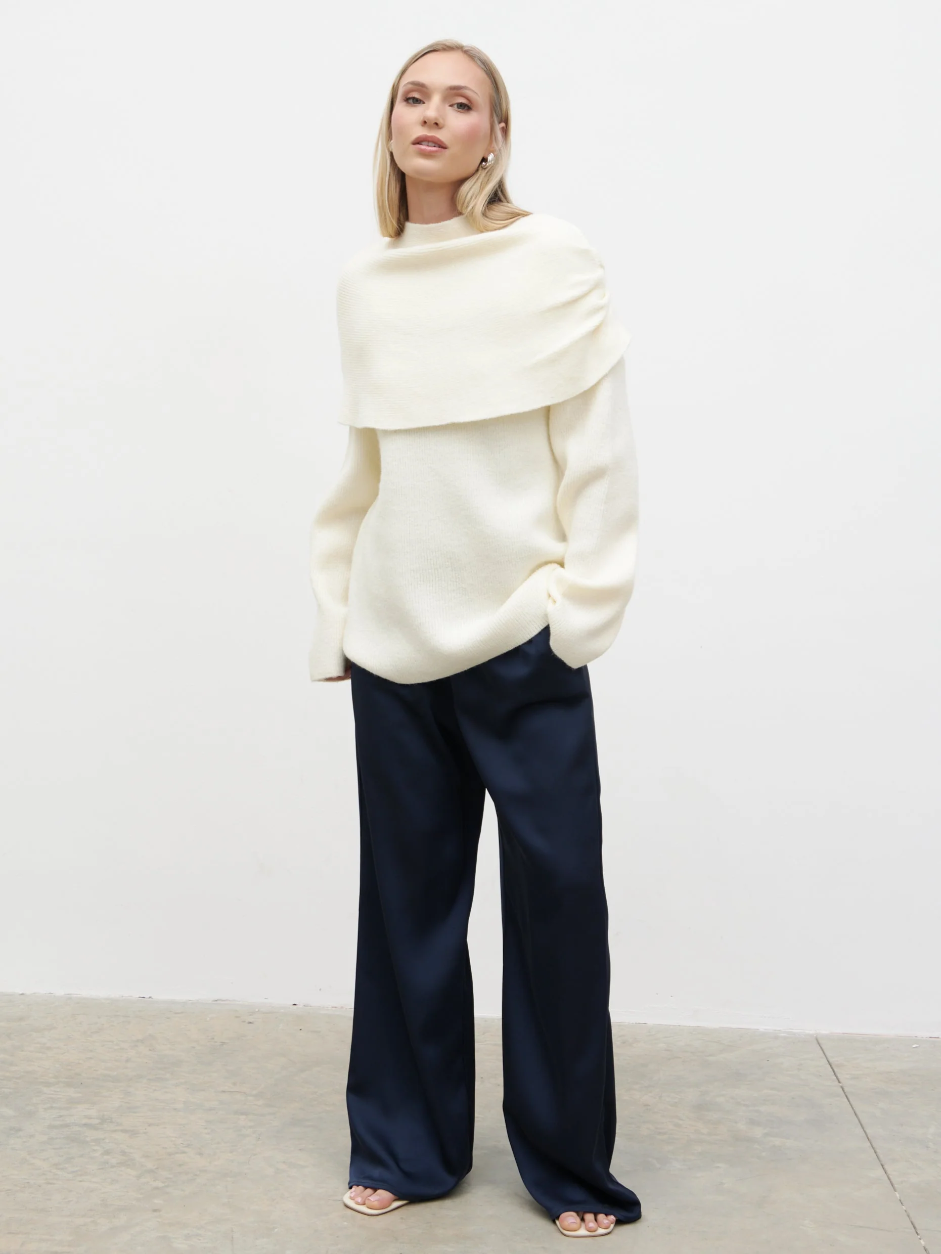 Tarla Exaggerated Drape Knit Jumper - Cream - Image 5
