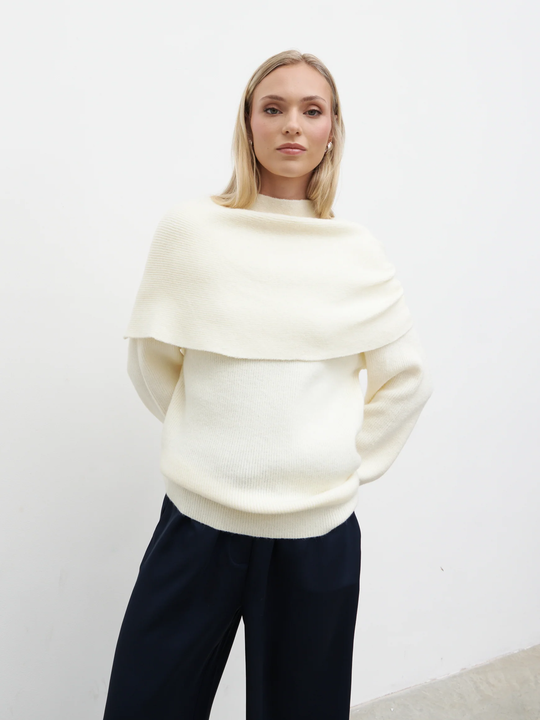 Tarla Exaggerated Drape Knit Jumper - Cream - Image 6