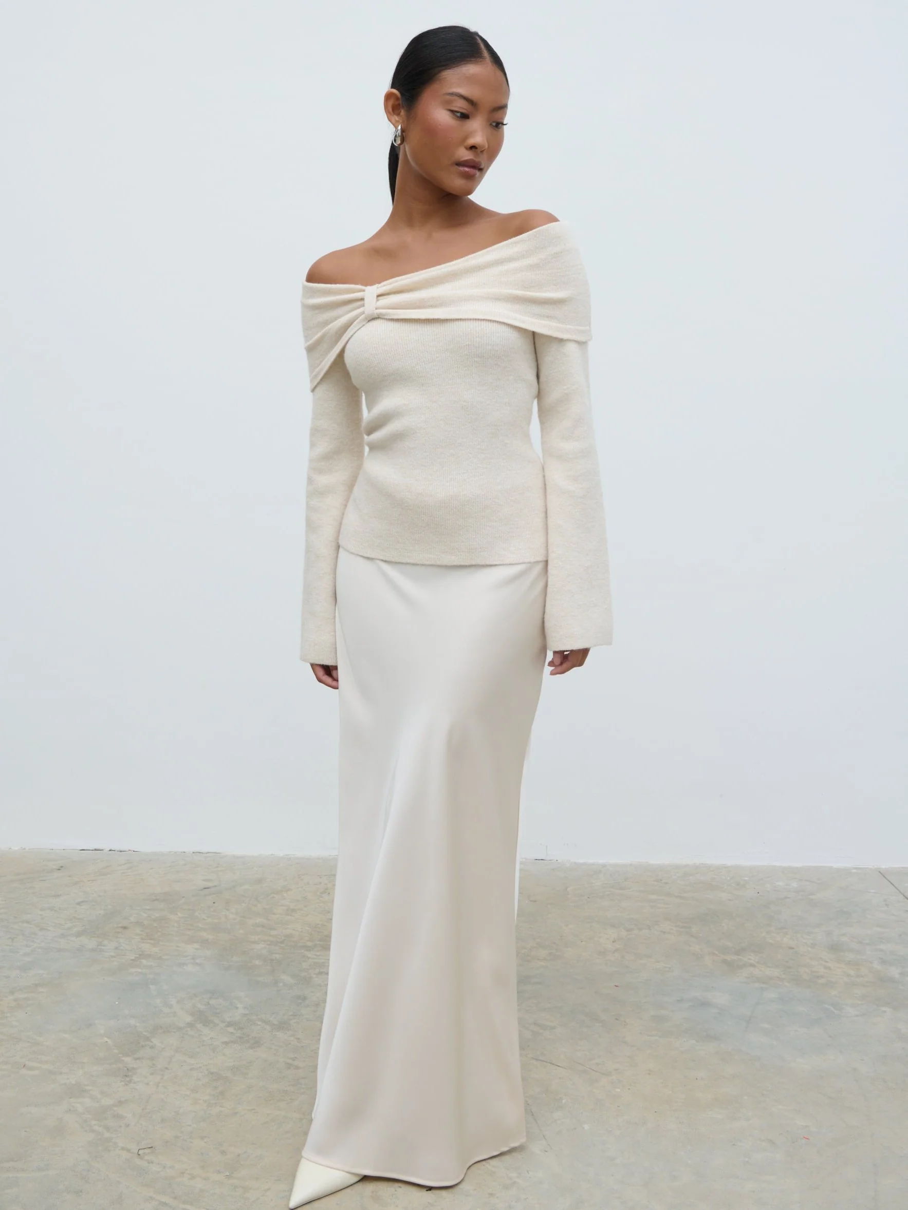 Tilda Bardot Bow Knit Top - Beige - Image 7