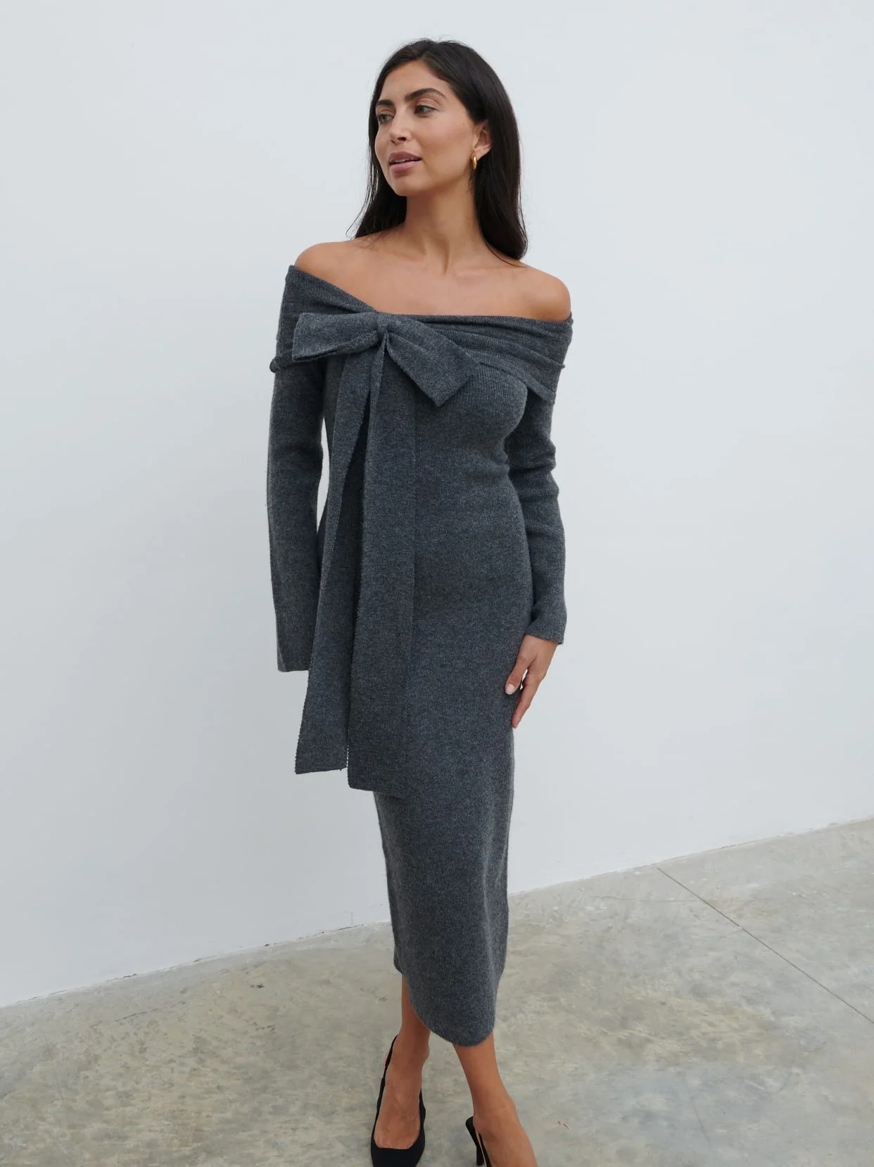 Tilda Bow Bardot Knit Midaxi Dress - Charcoal - Image 4