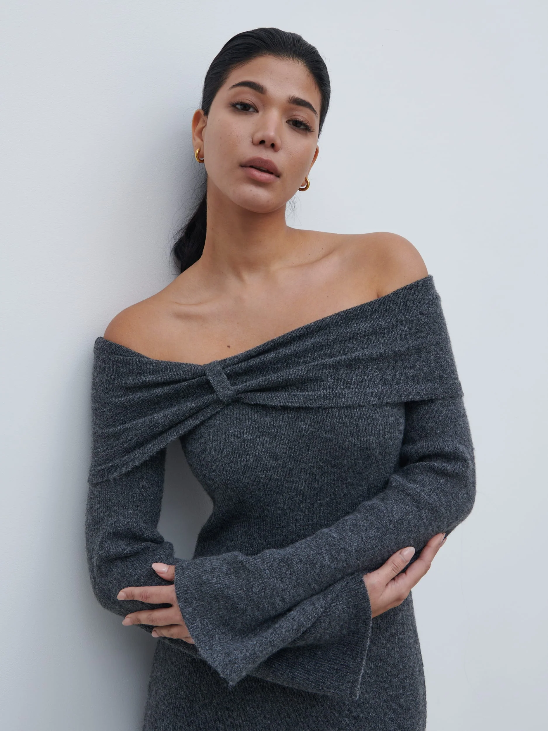 Tilda Bow Bardot Knit Midaxi Dress - Charcoal - Image 5