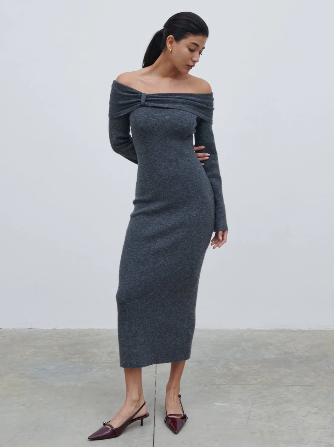 Tilda Bow Bardot Knit Midaxi Dress - Charcoal - Image 6