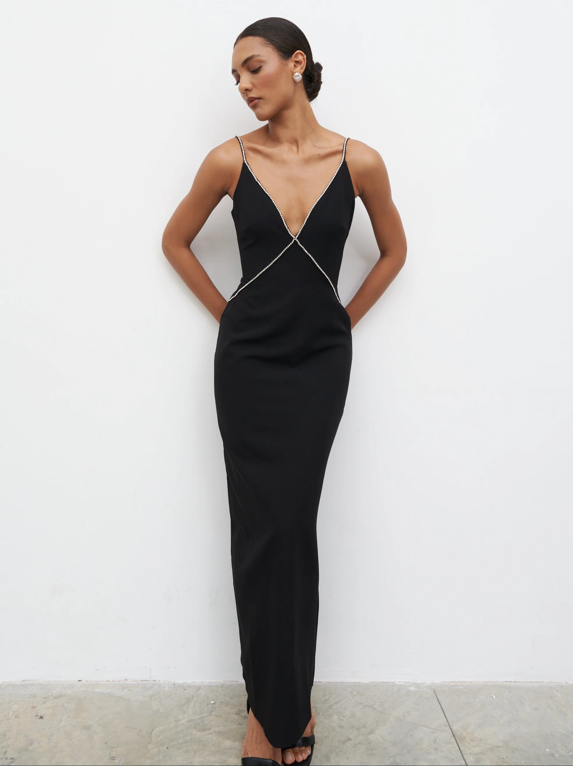 Val Plunge Embellished Maxi Dress - Black