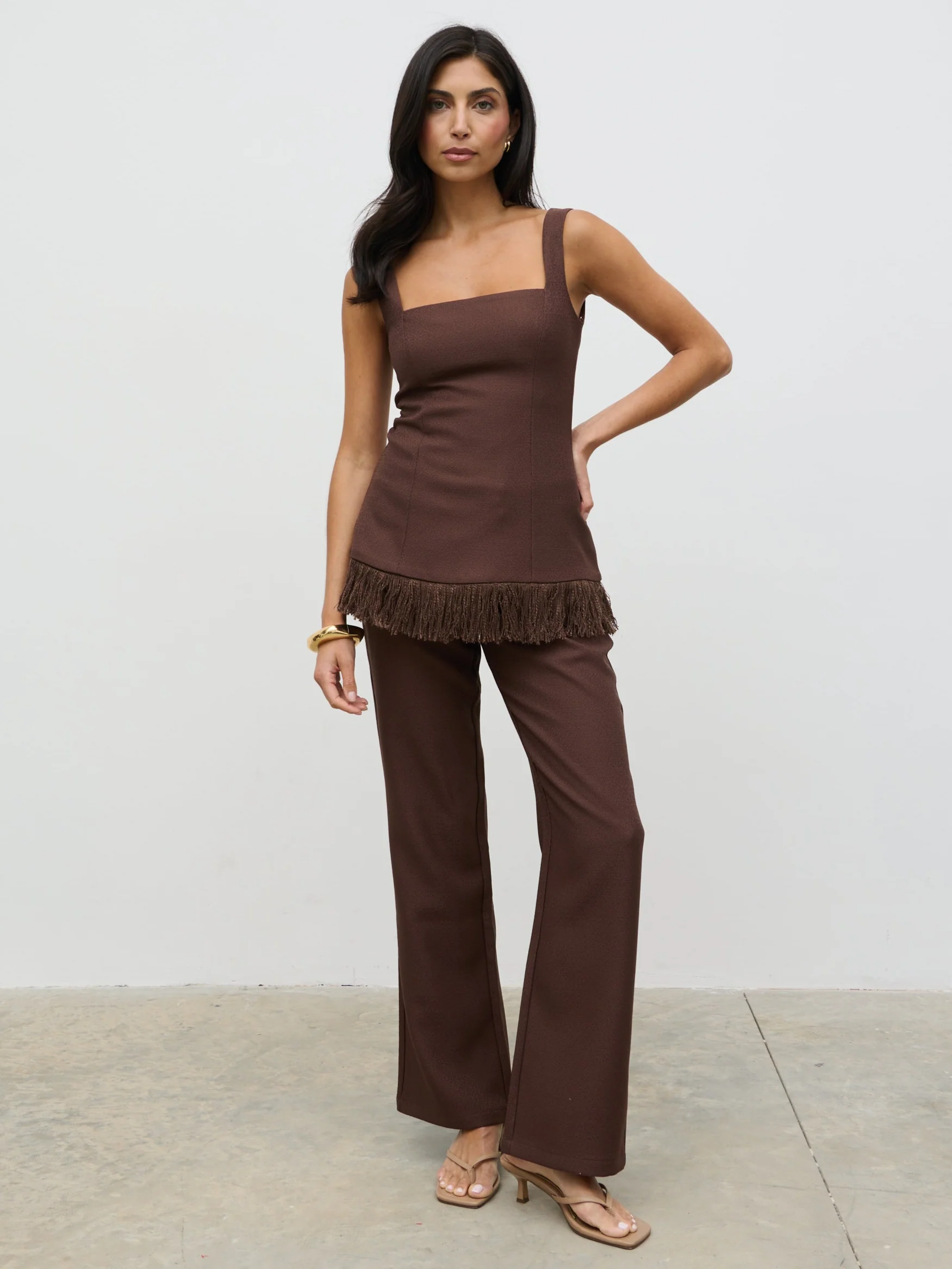 Verona Fringed Tweed Top - Brown - Image 5