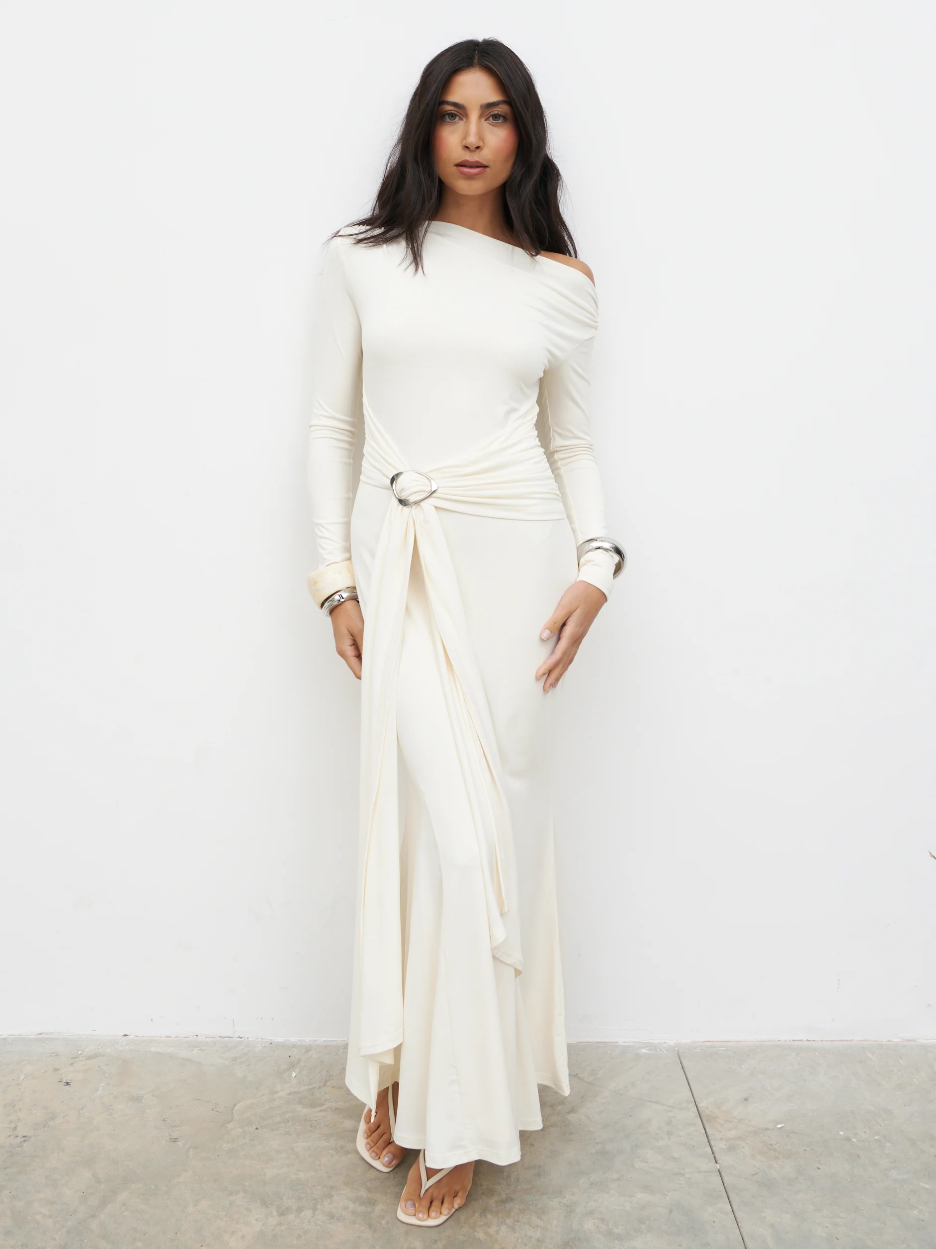 Yarelia Ruched Trim Jersey Maxi Dress - Cream