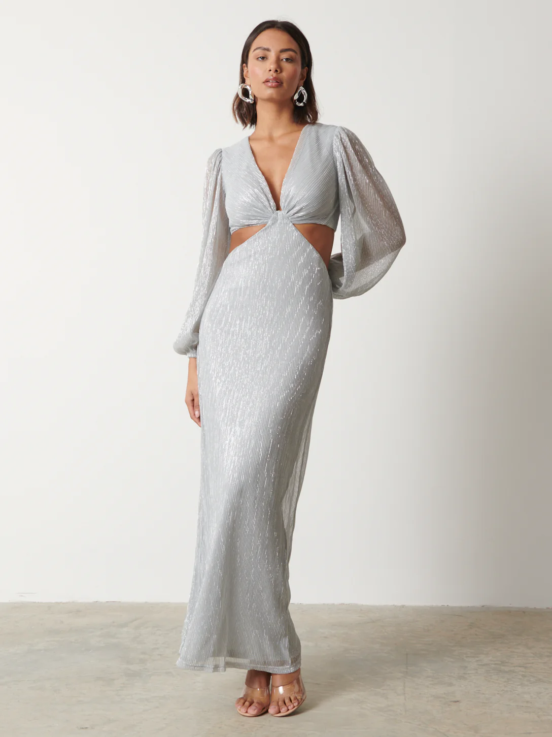 Zaya Plisse Metallic Maxi Dress - Silver