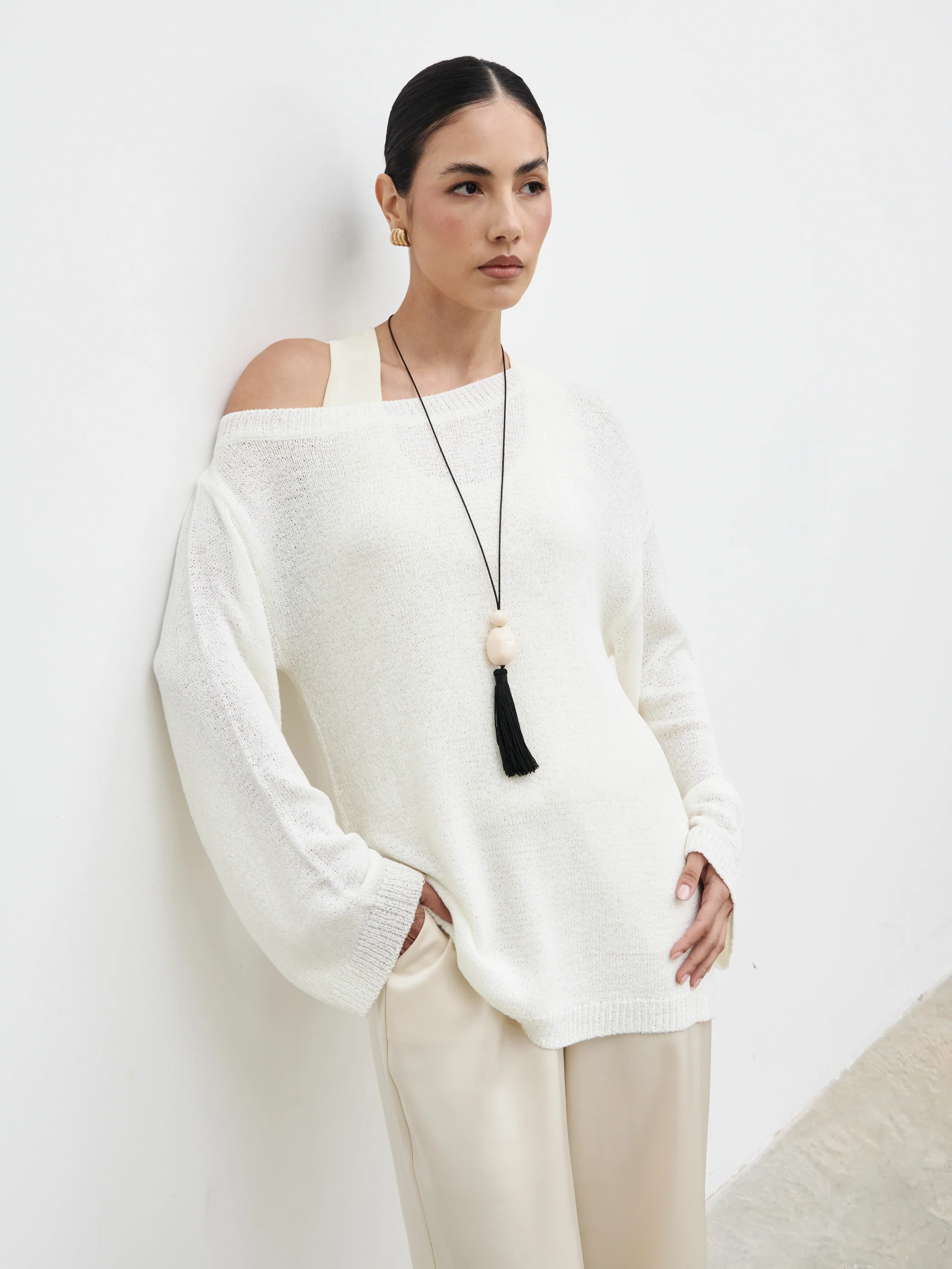 Zelia Fine Knit Off Shoulder Jumper - stone - Image 3