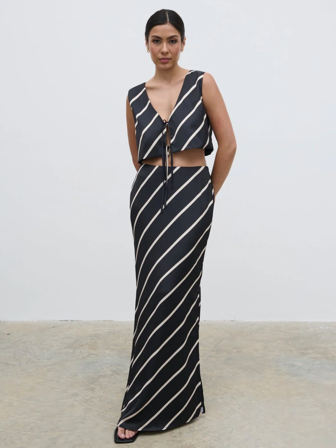 Zuri Tied Striped Top - Black and Cream Asymmetric Stripe - Image 13