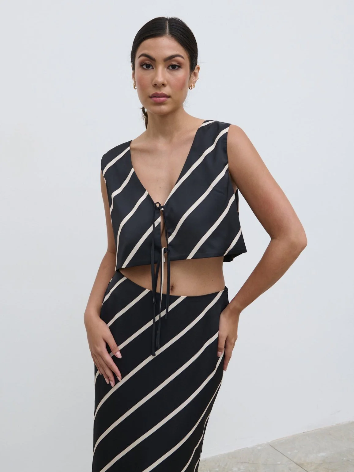 Zuri Tied Striped Top - Black and Cream Asymmetric Stripe - Image 14